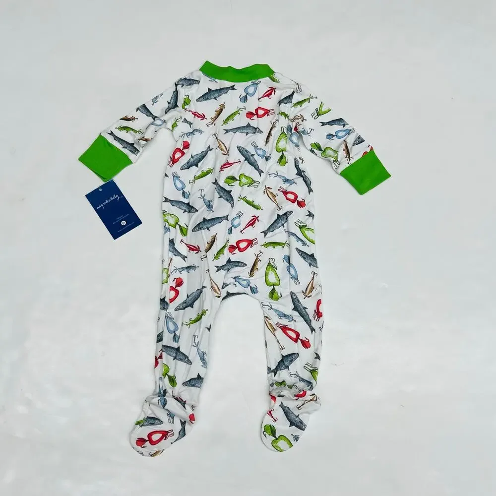 NWT Magnolia Baby 12/18M Good Catch! Green Printed Zipper Footie